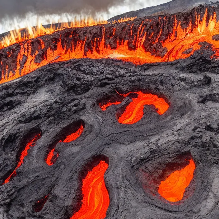 Image similar to wide angle shot of volcano caldera in the form of the punisher skull icon with flowing fountains and rivers of lava. detailed, high art, intricate, artisan