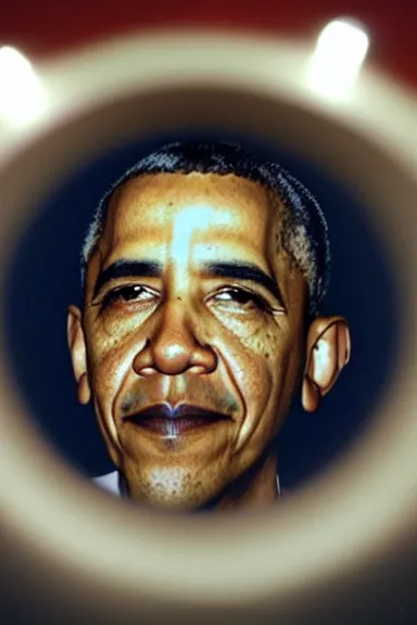 Image similar to a very close up fish eye lens photo of Obama up to his nose