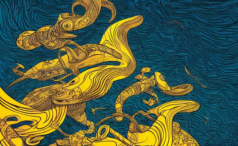 Image similar to dark ocean, complex patterns, yellow, artstation, intricate, realistic, highly detailed, digital painting, concept art, sharp focus, illustration by tom whalen and charles williams and kilian eng and james jean