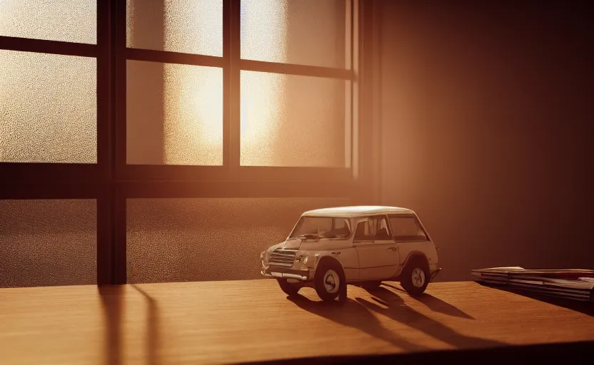 Image similar to a miniature of a Peugeot 309 Vital on a bookshelf near a window at sunset, DOF, octane render, unreal engine 5, godrays, complementary colors, calm, symmetrical, highly detailed, high quality, 4k, beautiful, hyperrealistic