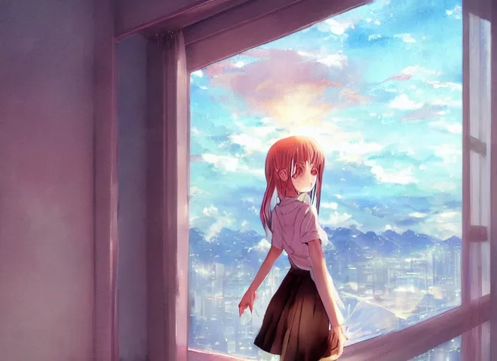 Image similar to anime girl in skirt looking out the window at megopolois and sunset, dynamic composition, motion, ultra-detailed, incredibly detailed, a lot of details, amazing fine details and brush strokes, colorful and grayish palette, smooth, HD semirealistic anime CG concept art digital painting, watercolor oil painting of Clean and detailed post-cyberpunk sci-fi close-up schoolgirl in asian city in style of cytus and deemo, blue flame, relaxing, calm and mysterious vibes,, by a Chinese artist at ArtStation, by Huang Guangjian, Fenghua Zhong, Ruan Jia, Xin Jin and Wei Chang. Realistic artwork of a Chinese videogame, gradients, gentle an harmonic grayish colors. set in half-life 2, Matrix, GITS, Blade Runner, Neotokyo Source, Syndicate(2012), dynamic composition, beautiful with eerie vibes, very inspirational, very stylish, with gradients, surrealistic, dystopia, postapocalyptic vibes, depth of field, mist, rich cinematic atmosphere, perfect digital art, mystical journey in strange world