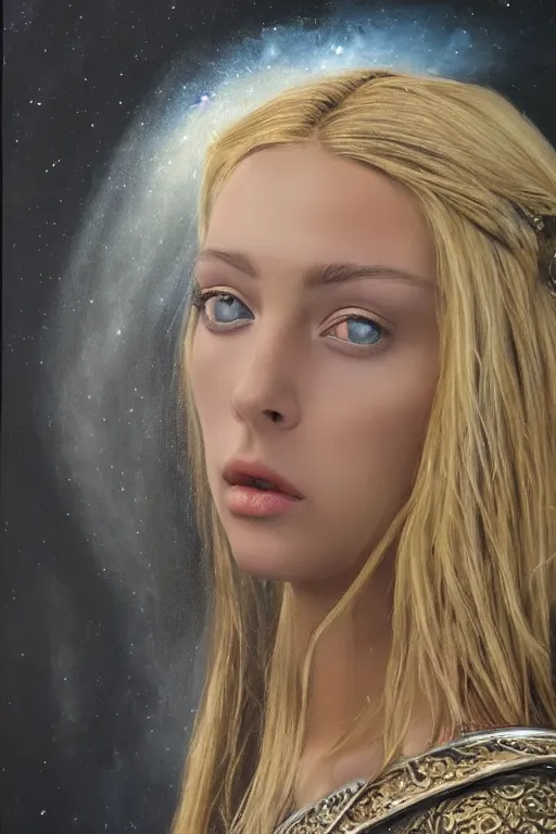 Image similar to hyperrealism oil painting, close - up portrait of european medieval blond fashion model, knight, steel gradient mixed with nebula sky, in style of baroque