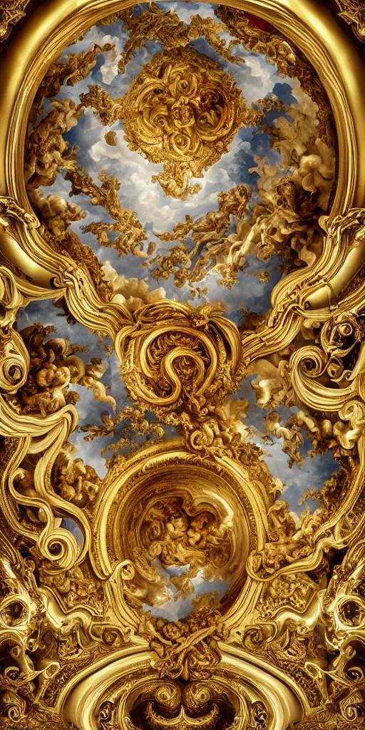 Prompt: the source of future growth dramatic, elaborate emotive Golden Baroque and Rococo styles to emphasise beauty as a transcendental, seamless pattern, symmetrical, large motifs, sistine chapel ceiling, 8k image, supersharp, spirals and swirls in rococo style, cartouches, white smoke and rainbow ink dropping in water, Gold black and rainbow colors, perfect symmetry, 3D, no blur, sharp focus, photorealistic, insanely detailed and intricate, cinematic lighting, Octane render, epic scene, 8K