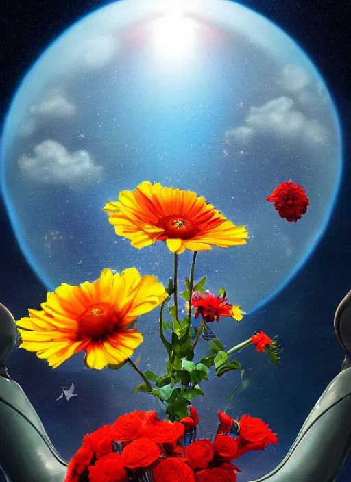 Image similar to An epic fantastic realism comic book style painting of the most beautiful flowers launched into space, bouquets, solar eclipse, fisheye, unreal 5, DAZ, hyperrealistic, octane render, dynamic lighting