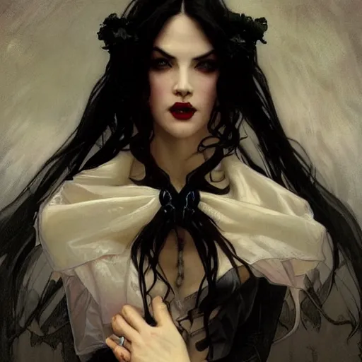 Image similar to portrait of a menacing beautiful vampire, by Stanley Artgerm Lau , greg rutkowski, thomas kindkade, alphonse mucha, loish, norman rockwell, J. C. Leyendecker. deep black hair, pale skin, sinister complexion, beautiful detailed eyes, detailed mouth, rose. D&D, fantasy. Trending on artstation rule of thirds extremely detailed illustration hd 4k