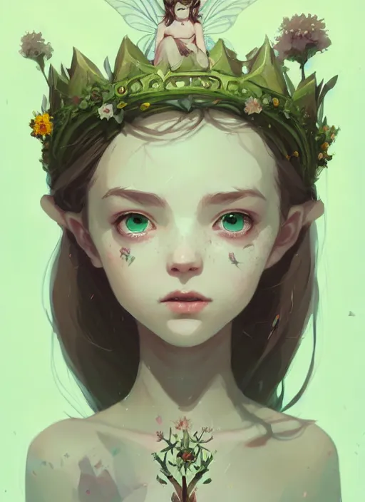 Prompt: portrait of cute fairy girl with crown of flowers covered with rune tattoos, fantasy, by atey ghailan, by greg rutkowski, by greg tocchini, by james gilleard, by joe gb fenton, by kaethe butcher, dynamic lighting, gradient light green, brown, blonde cream and white color in scheme, grunge aesthetic