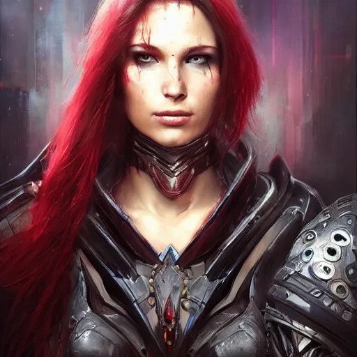 Prompt: aesthetic warrior sorceress in scale armor portrait by Raymond Swanland, cyberpunk, sci-fi cybernetic implants