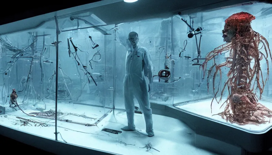 Prompt: Big budget horror movie set in an undersea biolab about a cyborg using a needle to inject fish