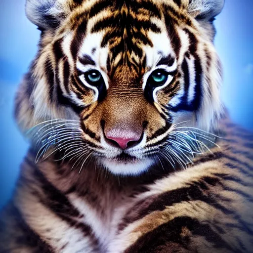 Prompt: photograph of a fuzzy furry tiger baby with piercing blue eyes, glassy eyes, galaxy in eyes, dramatic lighting, dramatic lighting, beautiful, epic, glorious, extreme detail, 4k, award-winning