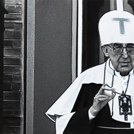 Prompt: security camera footage of pope john paul, outside of a neon vegas strip club