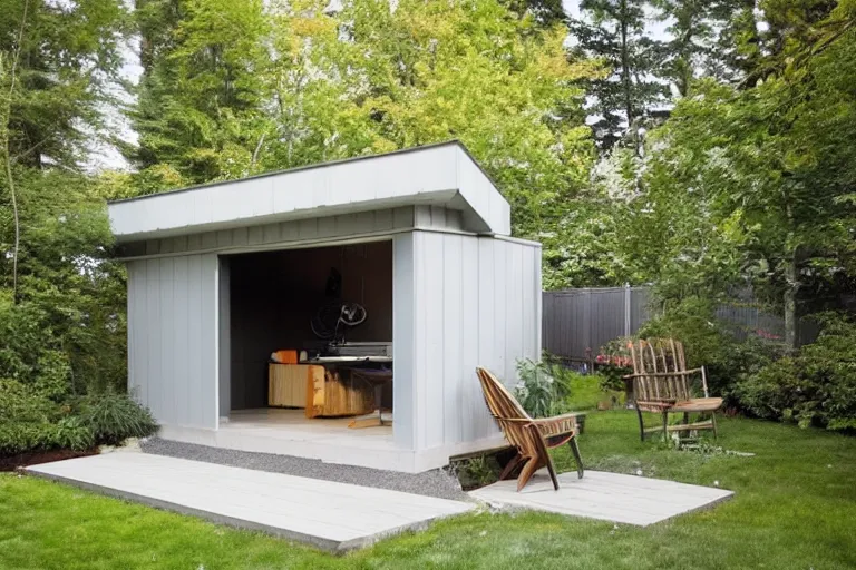 Prompt: modern backyard shed with quaint details in a canadian backyard