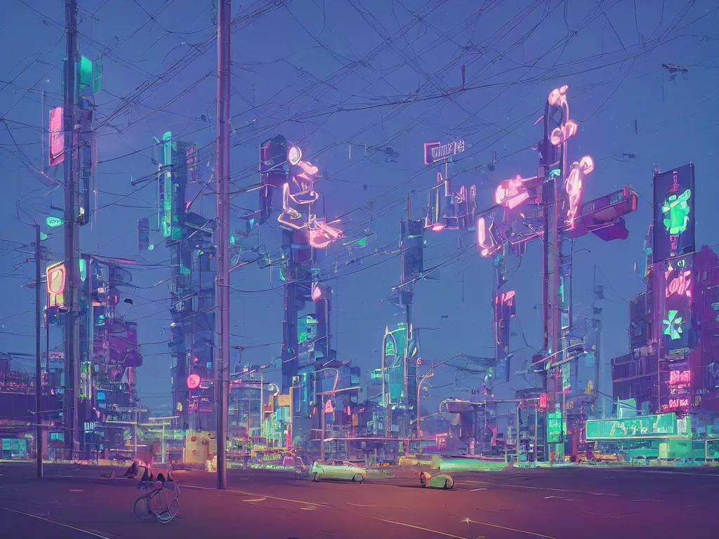 Prompt: tall futuristic buildings, billboards and neonsigns by night, stars and plantes by Yusei Uesugi and Simon Stålenhag