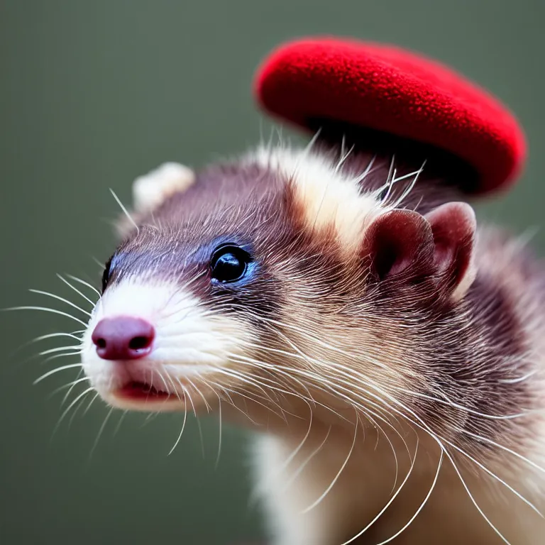 Image similar to Close up of a ferret wearing a funny hat, photo realistic, dramatic lighting, Nat Geo award winner, 100mm lens, bokeh