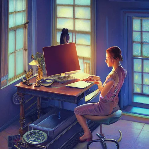 Prompt: a full shot of nice girl working on her laptop at night, detailed, centered, digital painting, artstation, concept art, donato giancola, Joseph Christian Leyendecker, WLOP, Boris Vallejo, Breathtaking, 8k resolution, extremely detailed, beautiful, establishing shot, artistic, hyperrealistic, beautiful face, octane render