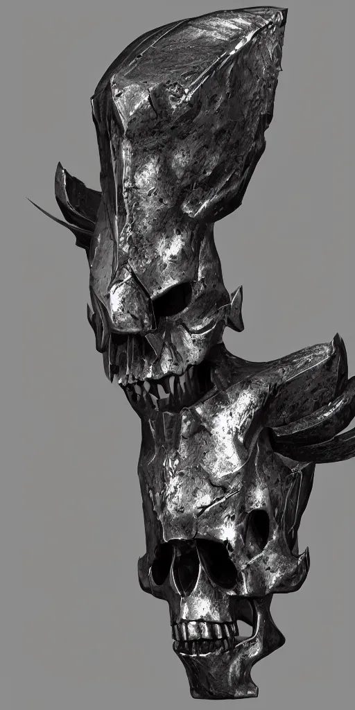 Image similar to a black and silver axe skull crest, ornament, weapon, render by dom qwek, trending on polycount, artstation, hard surface modeling