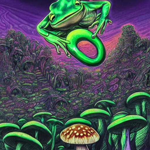 Image similar to A centered chest up portrait of a psychedelic lovecraftian godlike anthropomorphic frog smoking a hand-rolled cigarette smoking heavily , magic mushroom village in background . award winning. superb resolution. in the art style of junji Ito and greg rutkowski . Detailed Mushroom city in background. Hyper realistic anime. Perfect art. Dalle2