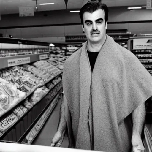 Prompt: chris noth without mustache covered in a fabric blanket in a supermarket freezer