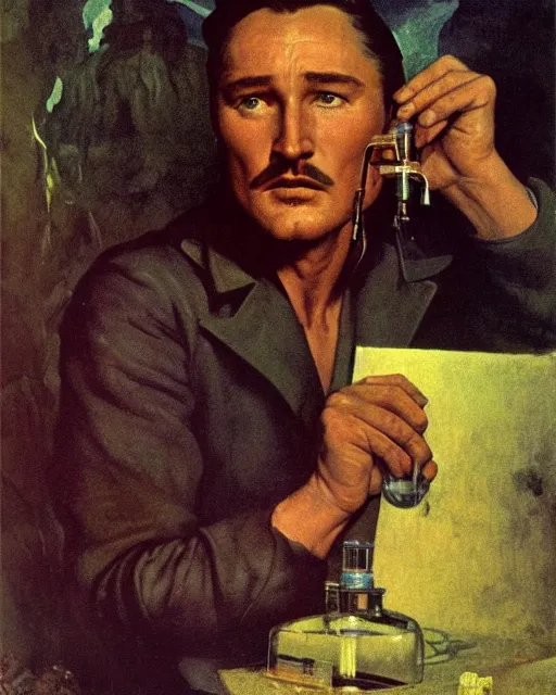 Prompt: Errol Flynn as a scientist. 1980s dystopian Soviet Russia, propaganda screens. Fantasy art by Greg Rutkowski, Gustave Courbet, Rosa Bonheur, Edward Hopper, Ilya Yefimovich Repin, Jean-François Millet, Andrew Newell Wyeth. Faithfully depicted facial expression, perfect anatomy global illumination, radiant light, detailed and intricate environment