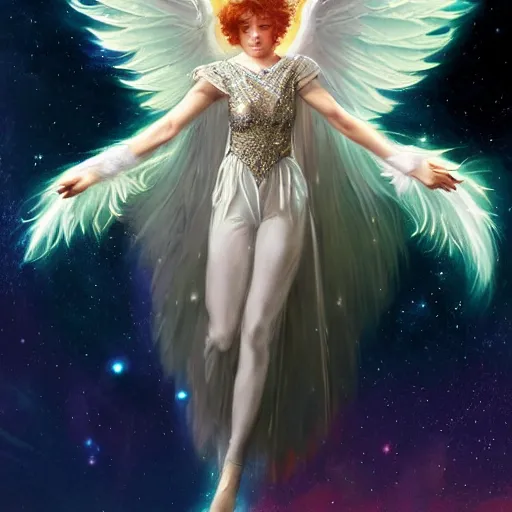 Image similar to harmony of twirly white haired angel yoongi wearing sparkly shiny greek clothes, muted colors, nebula background, neon sparkles everywhere, big wings, dynamic hair movement, + + + + dynamic pose, holographic space, glowing effect, j. c leyendecker, by alan lee, wlop! illustrated by starember, fantasy art by craig mullins