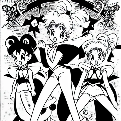 Image similar to sailor moon, illustrated by mato and ken sugimori and akira toriyama, manga, black and white illustration