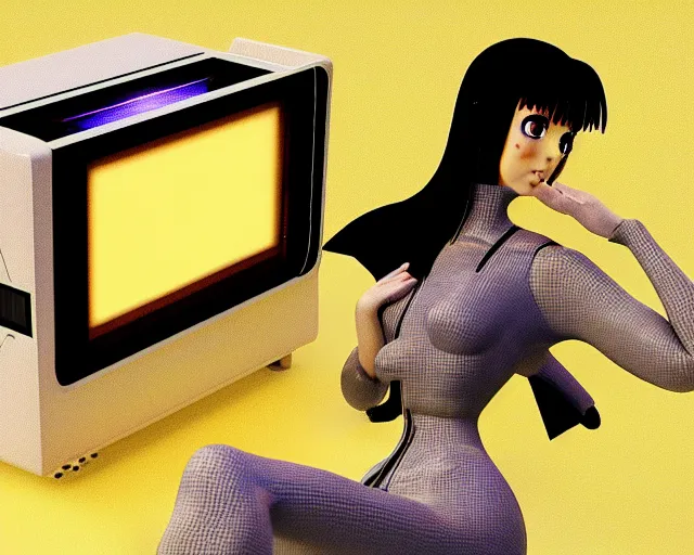 Prompt: vintage CGI 80s anime, Amiga Lightwave 3D, Video Toaster, manga woman render