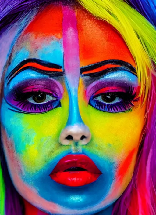 Image similar to close up of a person's face with colorful makeup, an ultrafine detailed painting by paul bodmer, featured on unsplash, neo - fauvism, vivid colors, unsplash hd, fauvism