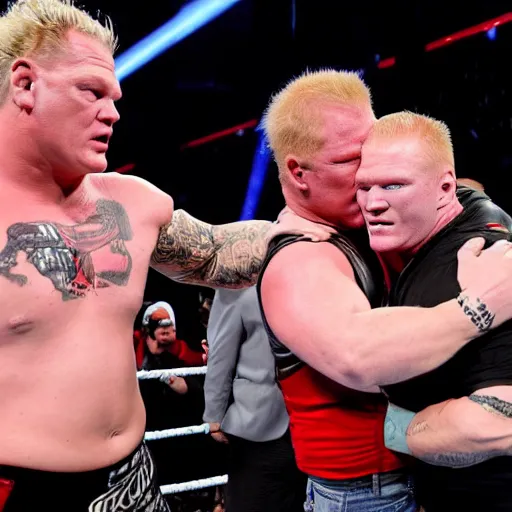 Image similar to chris jericho and brock lesnar hugging in the ring, wwe