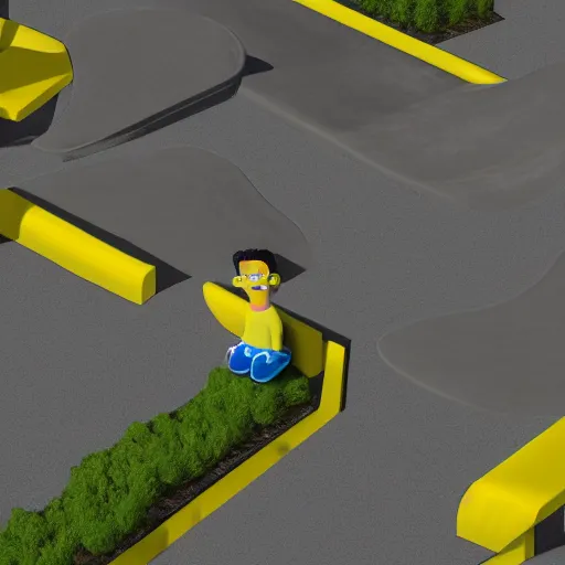 Prompt: 3D realistic (Bart Simpson) skateboarding around a neighborhood full of obstacles, nosey neighbors, nuclear power plant in the distance