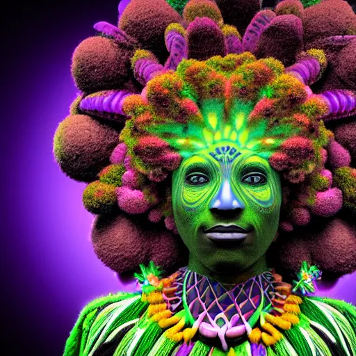 Image similar to an african marijuanna! shaman with an afro made of flowers, third eye art art by machina infinitum, complexity from simplicity, rendered in octane, mandelbulb 3 d, ambient occlusion, radiant lighting, macro photography, felt!!! texture, tribal, pastel! retrowave