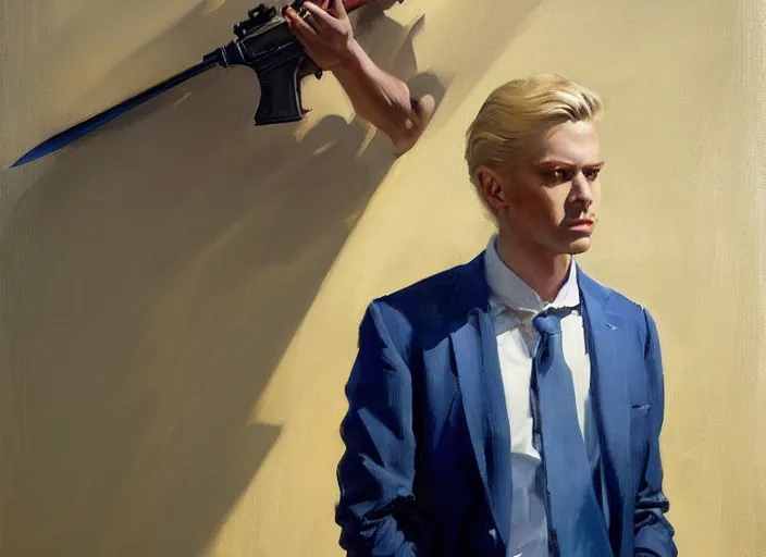 Image similar to greg manchess portrait painting of a blond man in a blue suit with a sword and a pistol, asymmetrical, profile picture, organic painting, sunny day, matte painting, bold shapes, hard edges, street art, trending on artstation, by huang guangjian, gil elvgren, ruan jia, randy vargas, greg rutkowski