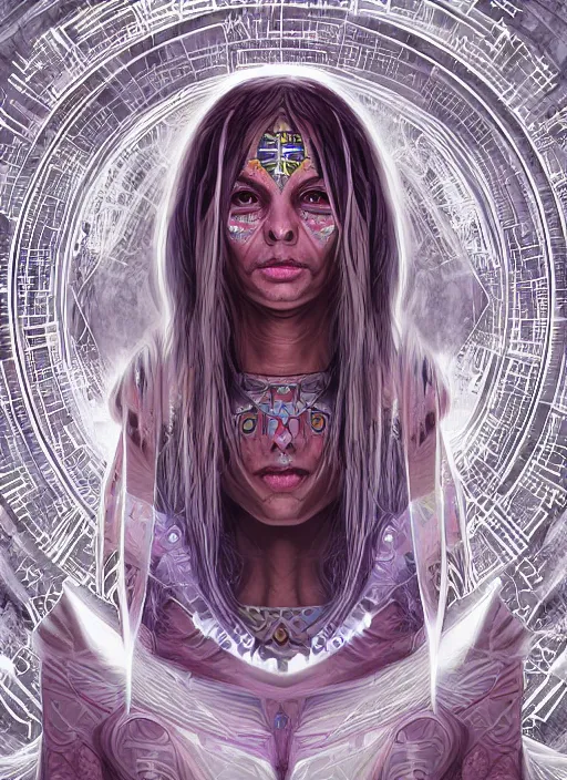 Image similar to portrait of a future metaverse ayahuasca tech shaman warrior, 2 d cartoon, visionary art, symmetric, magick symbols, holy halo, shipibo patterns, sci - fi, concept art, trending on art station, 8 k digital art, by mandy jurgens, fantasy portrait art, anime