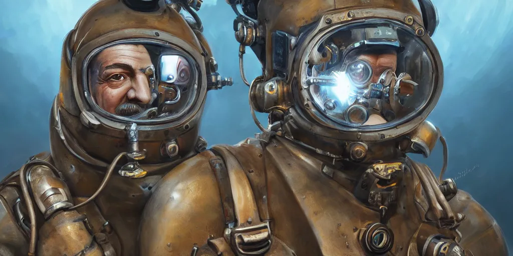 Prompt: highly detailed portrait painting of welder stallone in atmospheric diving suit, perfect symmetrical eyes, by eddie mendoza and tyler edlin, windows, 8 k resolution