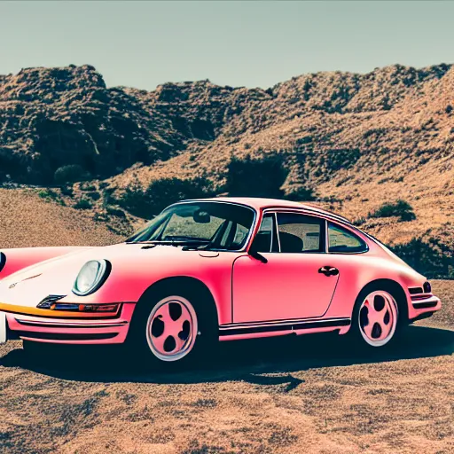 Image similar to porsche in the middle of the desert, professional photography, vaporwave