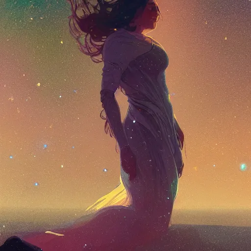 Prompt: A lonely woman floating in space, lost, desperate, stars, cosmic, intricate, highly detailed, digital painting, artstation, concept art, sharp focus, cinematic lighting, illustration, greg rutkowski, alphonse mucha, cgsociety