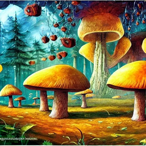 Image similar to glowing mushroom houses in a forest village, mushroom architecture, art by ricardo bofill, james christensen, rob gonsalves, paul lehr, leonid afremov and tim white