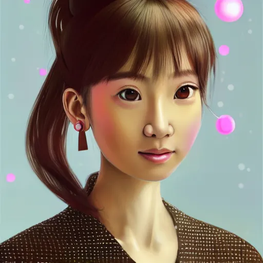 Image similar to portrait of asian girl, round face, brown hair, ponytails, half updo hairstyle, skinny, smile, attractive, small chin, wearing pink hair bow, polkadot blouse and skirt, earrings, intricate, elegant, glowing lights, highly detailed, digital painting, artstation, sharp focus, illustration, art by wlop, mars ravelo and greg rutkowski