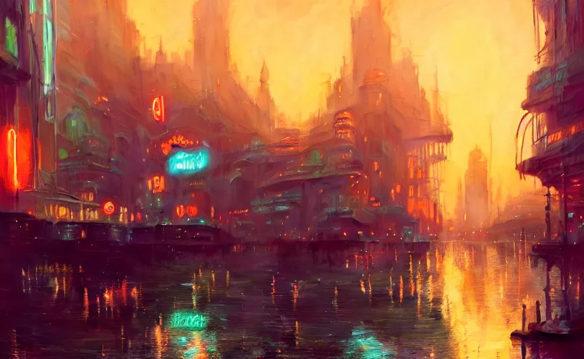 Prompt: Port city, illustrated by Greg Rutkowski and Gaston Bussiere, 35mm lens, beautiful macro close-up imagery, vibrantly lush neon lighting, beautiful volumetric-lighting-style atmosphere, a futuristic atmosphere, intricate, detailed, photorealistic imagery, trending on artstation, 4k, 8k