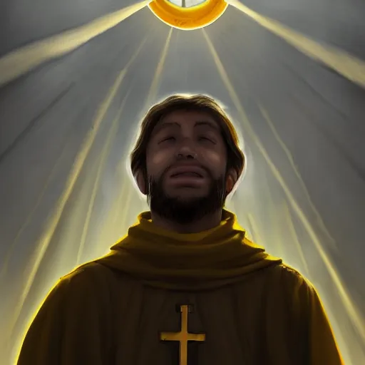 Prompt: A terrified young catholic priest at the top of a medieval tower watching in fear as an ominous yellow shadow descends upon him from the night sky. His face is seen from above. High angle, dramatic lighting. Award-winning digital art, trending on ArtStation