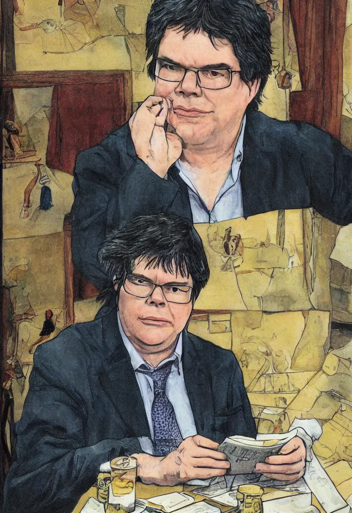 Image similar to Yann LeCun at his comuter illustrated on the Rider–Waite tarot.