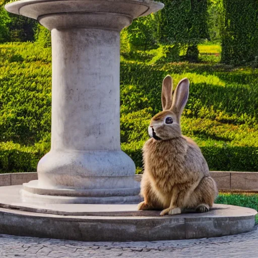 Prompt: a rabbit standing by the fountain of The Hermitage