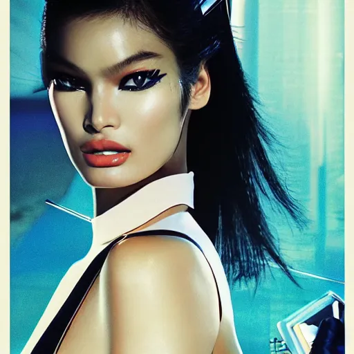 Prompt: VS Fashion model Sui He as a Bond Girl in a Retro futuristic James Bond movie poster in style of anime and speed racer, Makeup by Pat McGrath, cinematic, realism, Greg rutkowski, 1990s