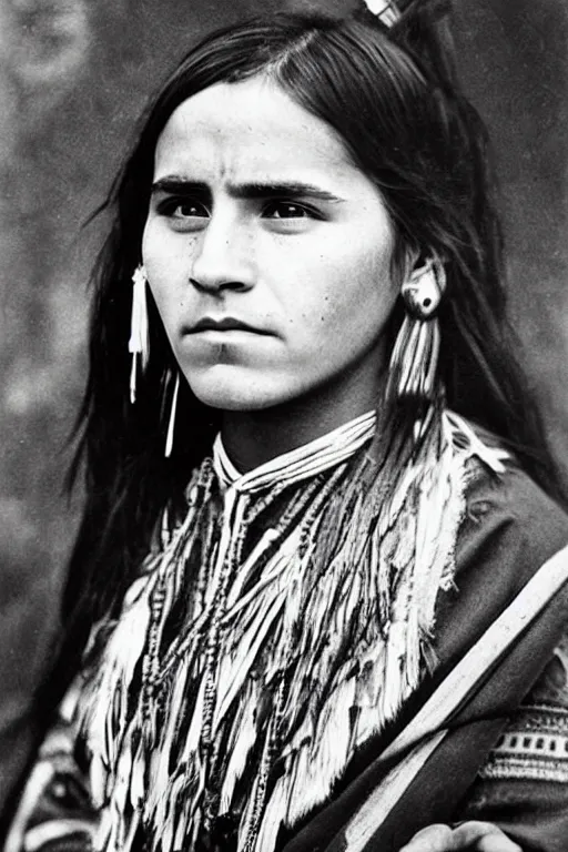 Prompt: “Photo of Native American indian woman Emma Watson, portrait, skilled warrior of the Chiricahua Apache, Lozen was the sister of Victorio a prominent Chief, showing pain and sadness on her face, ancient, realistic, detailed, emma watson”