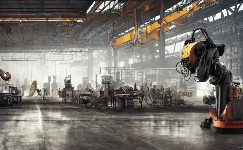 Prompt: a hyper realistic beautiful matte painting of an industrial grade robot welding metal and parts in a complex busy factory full of mad machinery, conveyor belts, sparks flying, warehouse. rendered in octane, trending on cgsociety, 4k wallpaper, ultra high resolution.