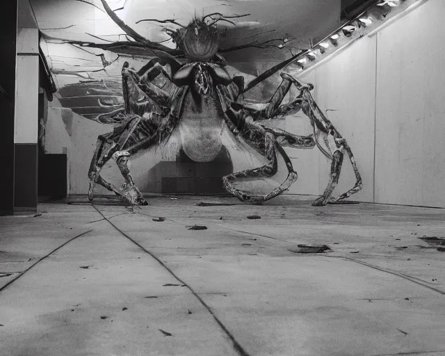 Image similar to camera footage of a Gigantic Spider Demon in an abandoned shopping mall, high exposure, dark, monochrome, camera, Unreal engine 5, grainy, CCTV, security camera footage, timestamp, zoomed in, fish-eye lens, Evil, spider, horrifying, lunging at camera :4