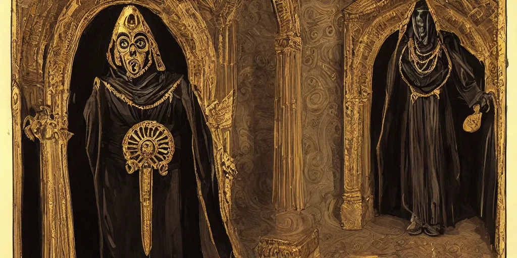 Prompt: portrait of a a dark cultist high priest, flowing robes made of obsidian and gold, ornate mask and fabrics, cinematic, epic, grandeur, large scale, tall ceilings, archways