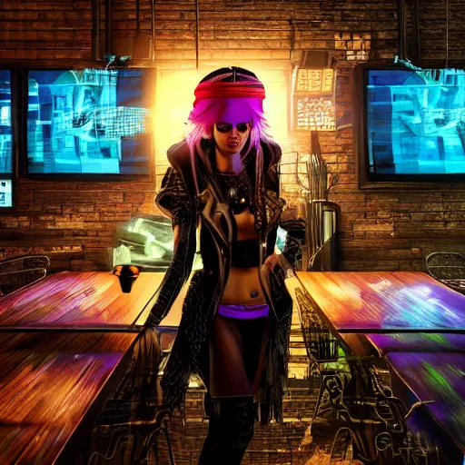 Image similar to a high quality portrait of a beautiful stunning pirate in a cyberpunk cyberpunk cyberpunk cafe, realism, 8k, award winning photo