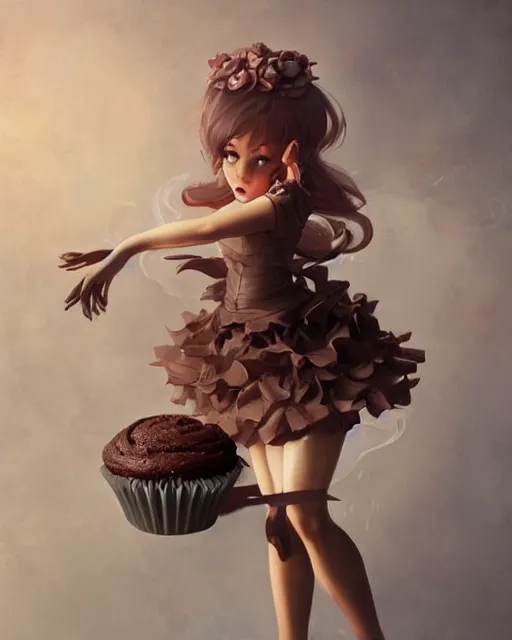 Image similar to a ( girl as personification of chocolate cupcake ), fantasy bakery, digital art by krenz cushart, laurie greasly, wlop, artgerm, intricate, highly detailed, sharp focus, smooth, epic composition, joyful, unreal engine