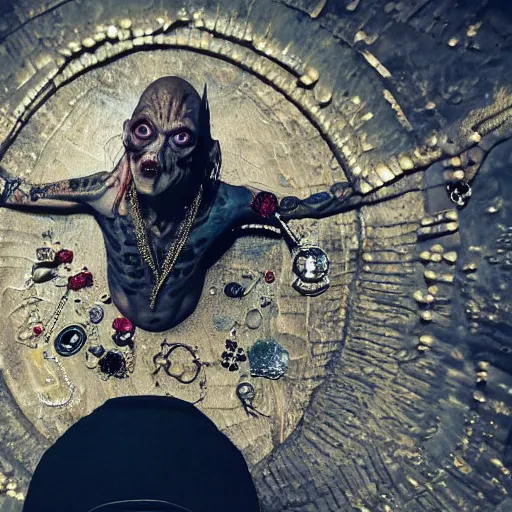 Prompt: gollum couching in a dungeon proudly wearing lots of gold and jewelry and bling, hip hop style, tattoos, lotr, imax, foggy atmosphere, bokeh, professional studio shot, stylized photo, single image