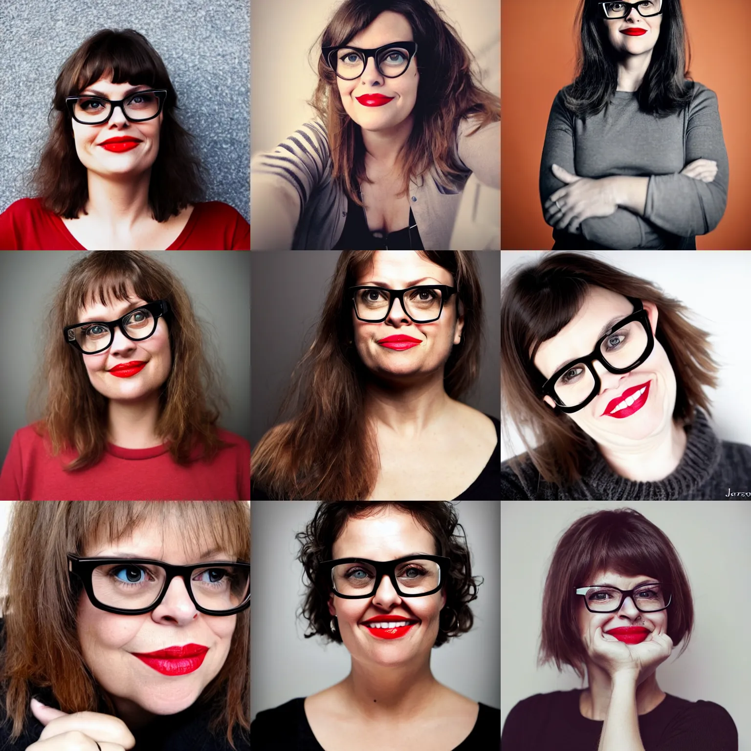 Prompt: a 4 5 year old french swedish woman who similar to candace cameron and a little like selena gomez, wearing black oprah glasses, red lipstick, dark brown hair with bangs, chubby, smiling with teeth, very nerdy, posing for a picture, a photo by jane freilicher, tumblr contest winner, cloisonnism, matte photo, adafruit