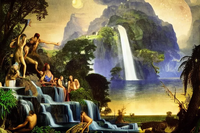 Image similar to The waterfall chalice, refracted moon sparkles, thunderstorm, greek pool, beach and Tropical vegetation on the background major arcana sky and occult symbols, by paul delaroche, hyperrealistic 4k uhd, award-winning, very detailed paradise